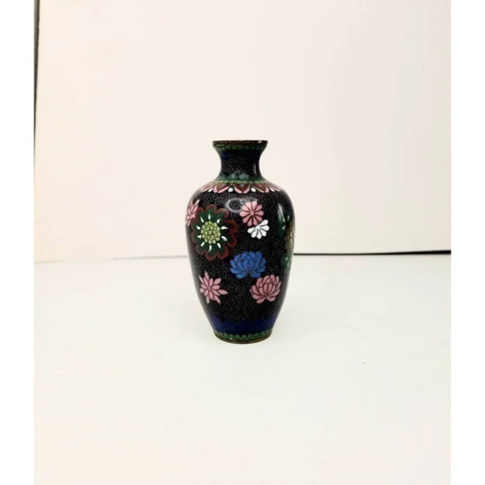 Antique Chinese Black‎ Pink Green Floral Peony Cloisonné Vase